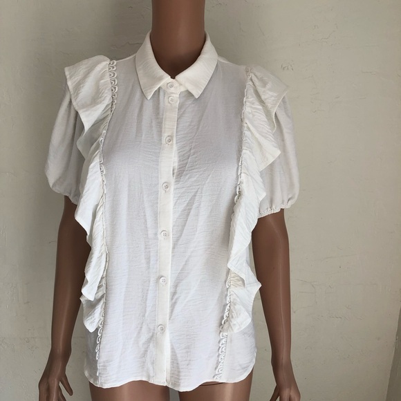 Alice Blue Henry White Chiffon Cheer Ruffled Blouse Women’s Size S Short Sleeves - Picture 1 of 16